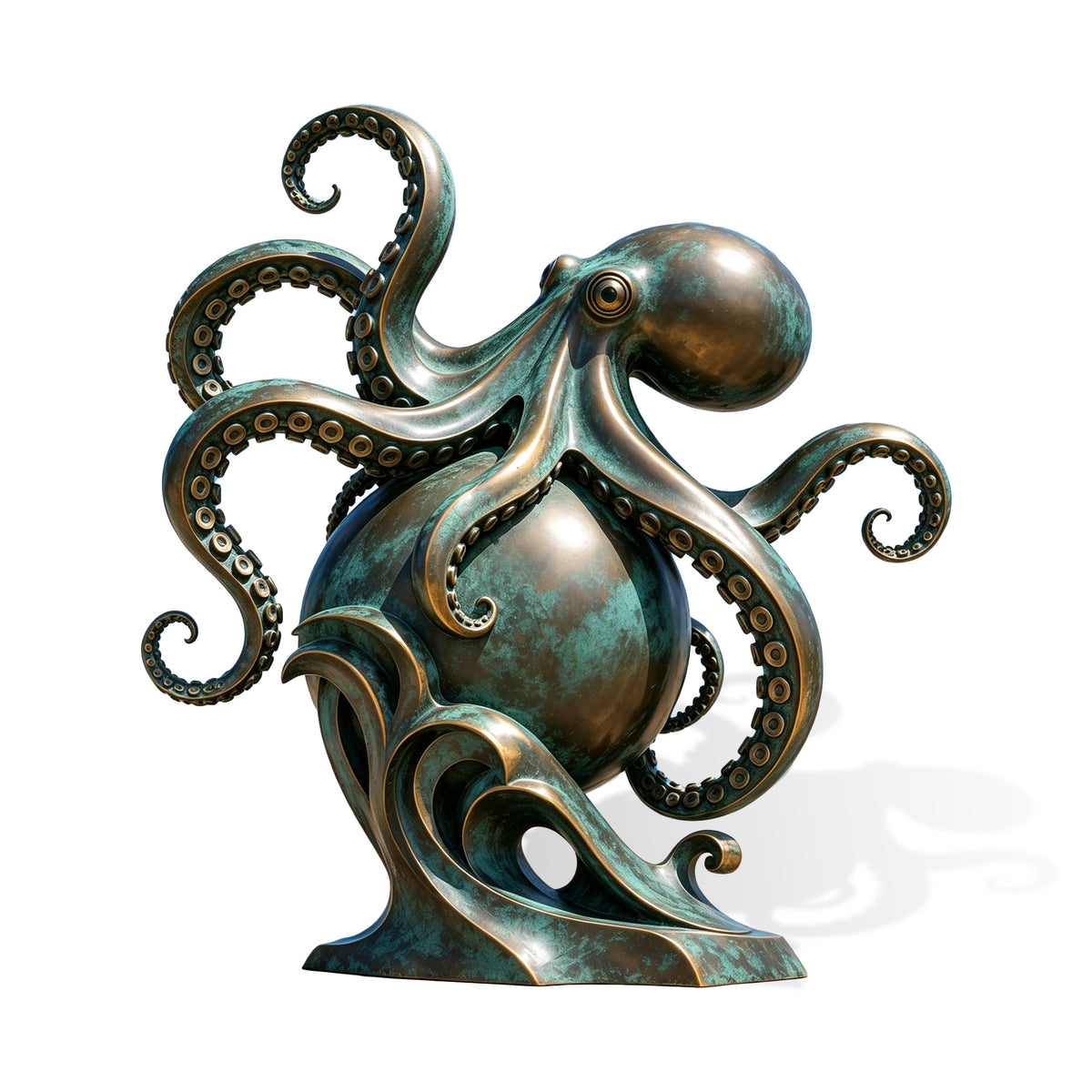 Large bronze octopus sculpture with curling tentacles, detailed suction cups and blue green verdigris patina