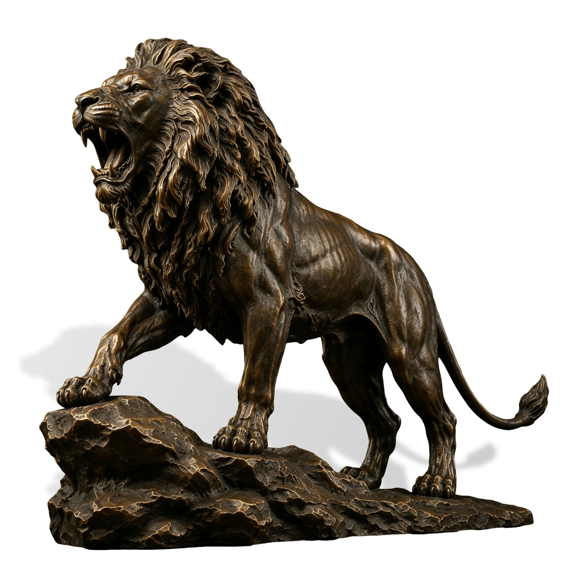 Large roaring bronze lion statue with open mouth, detailed mane and sculpted bronze rock base