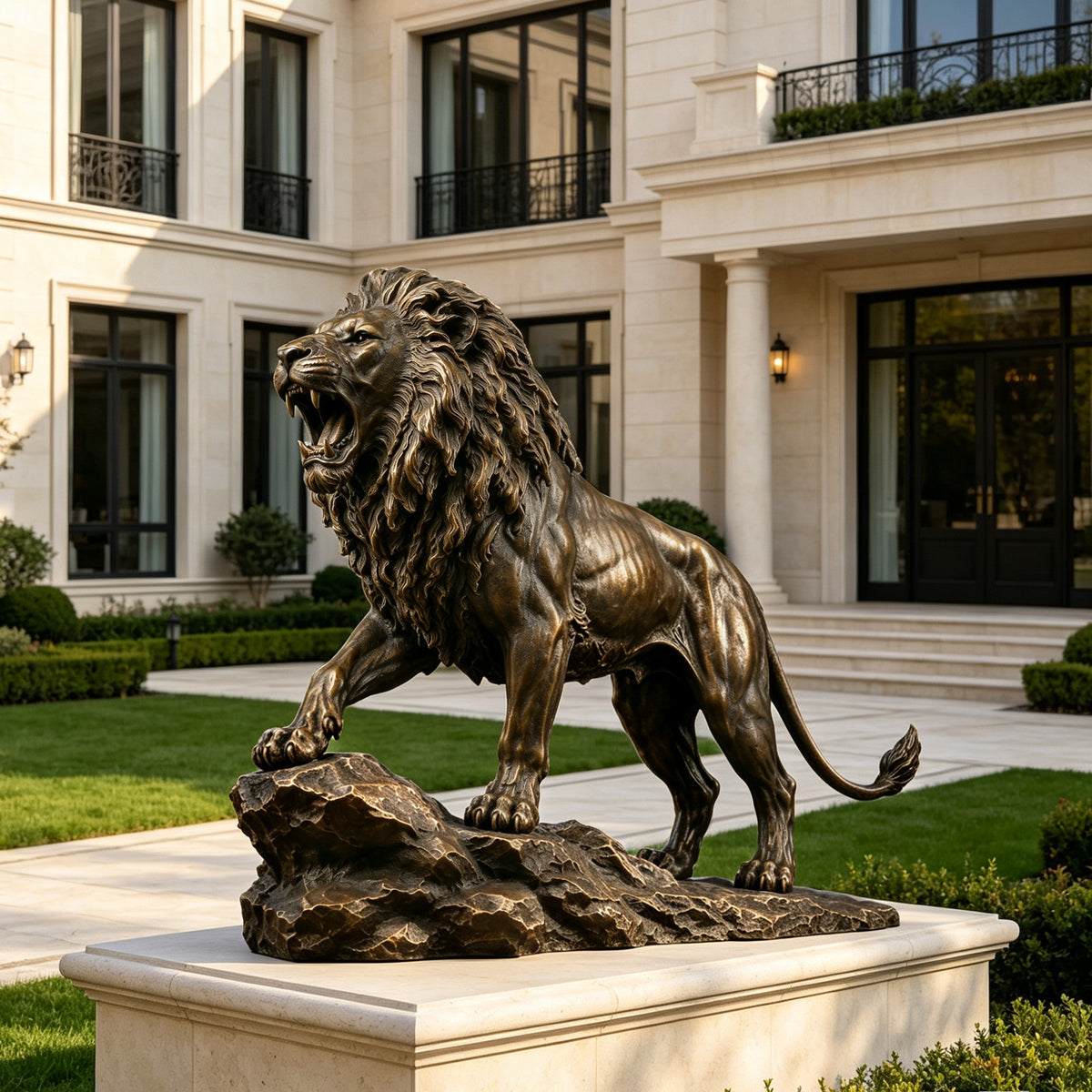 Roaring bronze lion sculpture with bronze rock base displayed in a luxury estate garden
