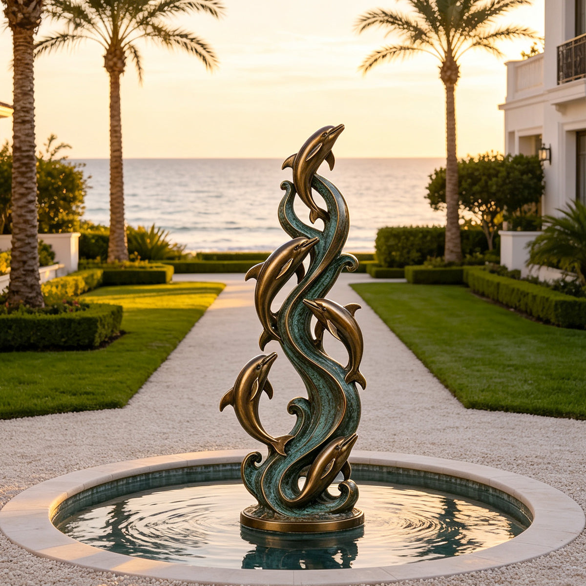 Five dolphin bronze sculpture displayed in a private garden water feature at a luxury coastal home