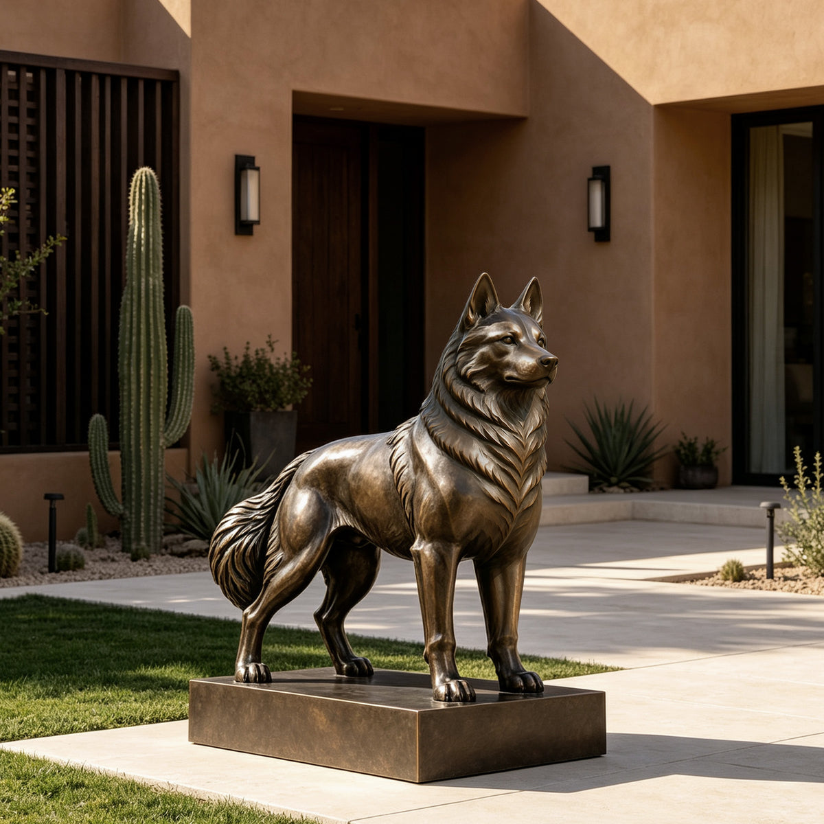 Life size bronze Siberian Husky dog statue standing on a rectangular bronze base in the landscaped courtyard of a luxury home