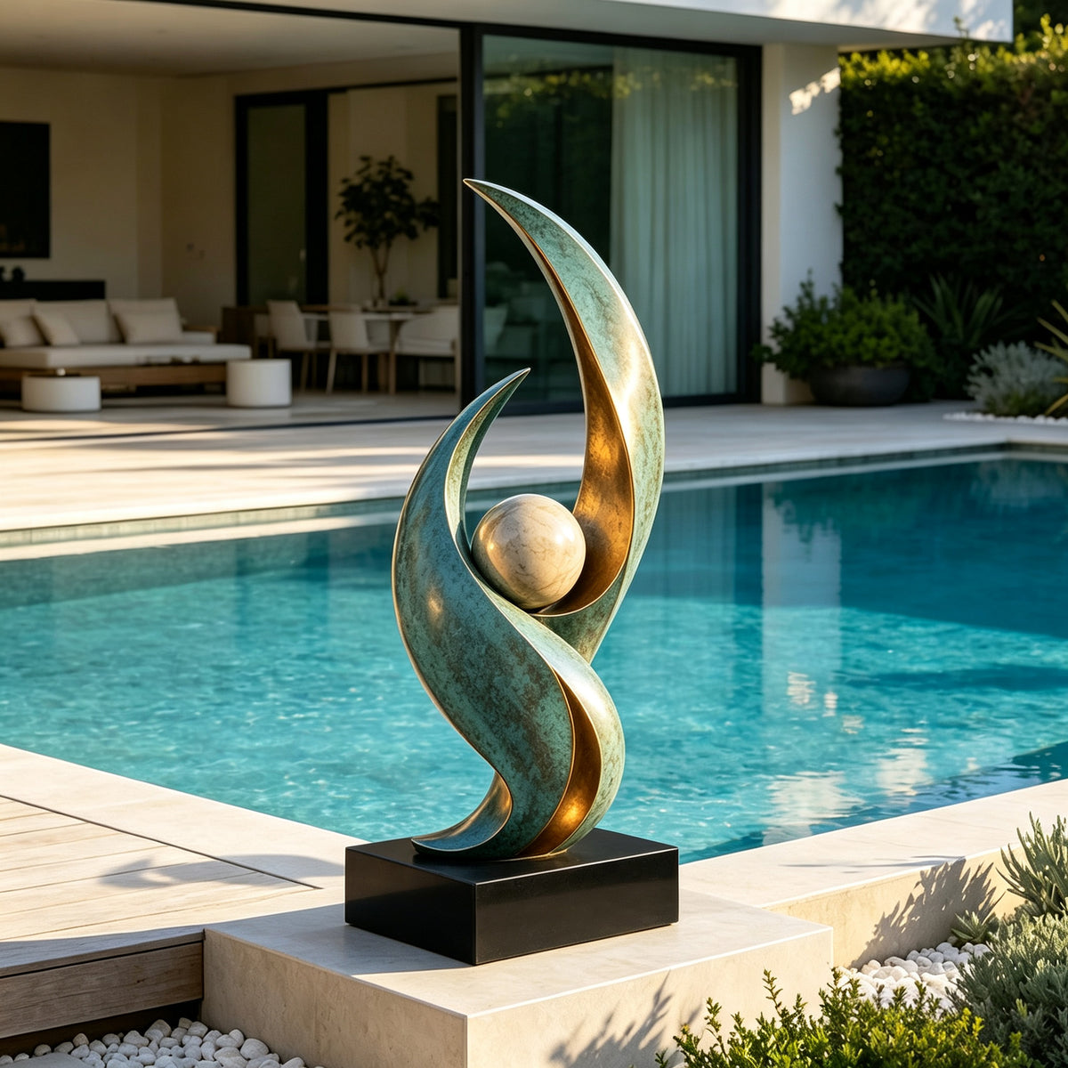 Abstract bronze sculpture with green patina and central sphere displayed beside a swimming pool in a modern luxury villa landscape