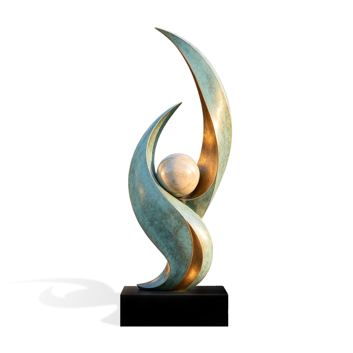 Modern abstract bronze sculpture with sweeping curved forms, green verdigris patina, golden inner surfaces and a light stone sphere on a black base