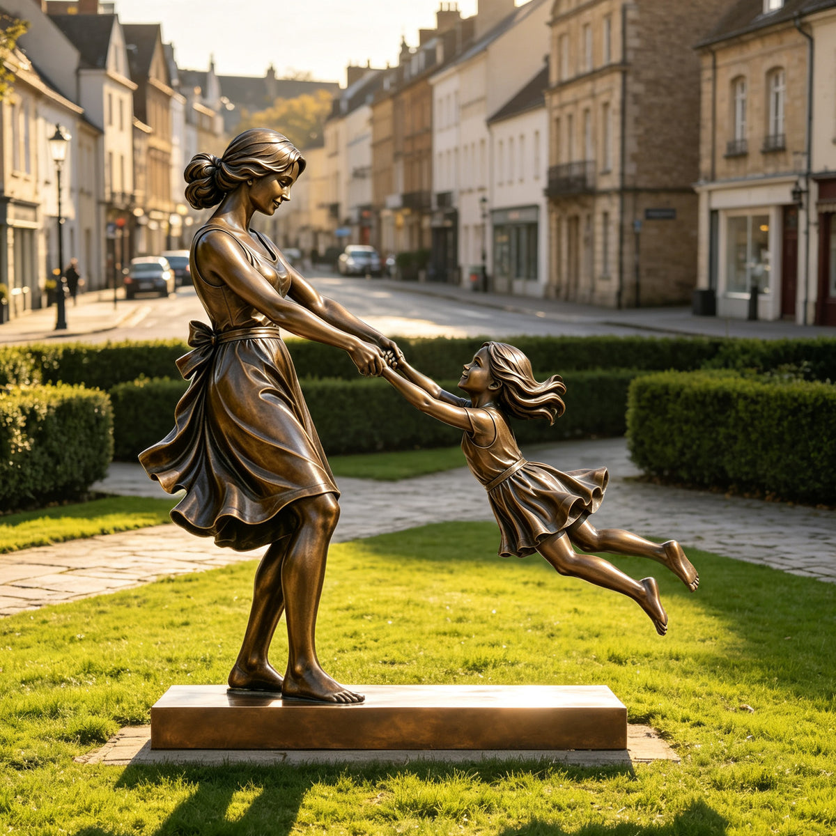 Bronze mother and daughter sculpture showing a woman holding a young girl by both hands and swinging her playfully in a landscaped residential garden