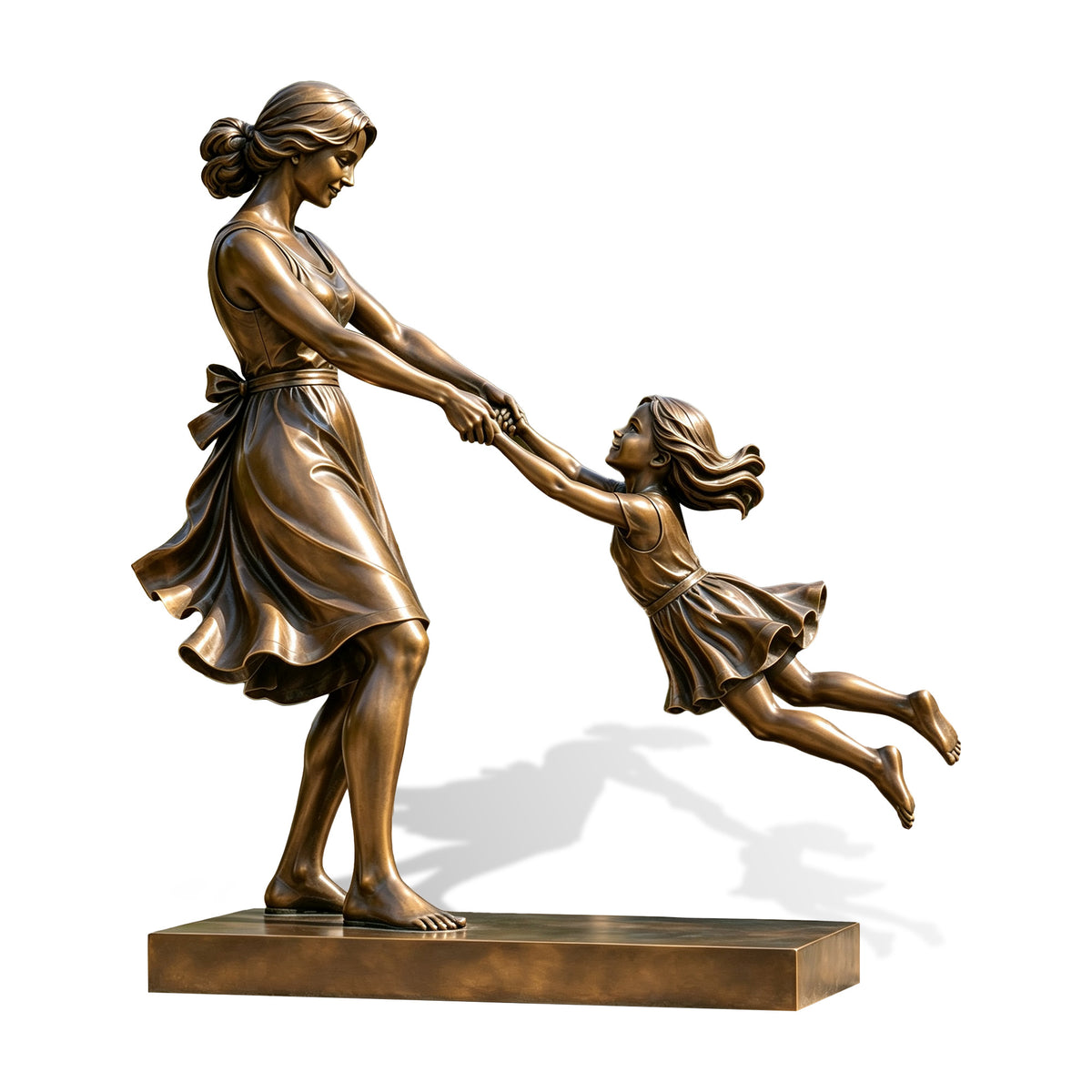 Bronze sculpture of a mother holding her daughter’s hands and swinging the smiling child through the air, with flowing dresses and hair creating a lively sense of movement