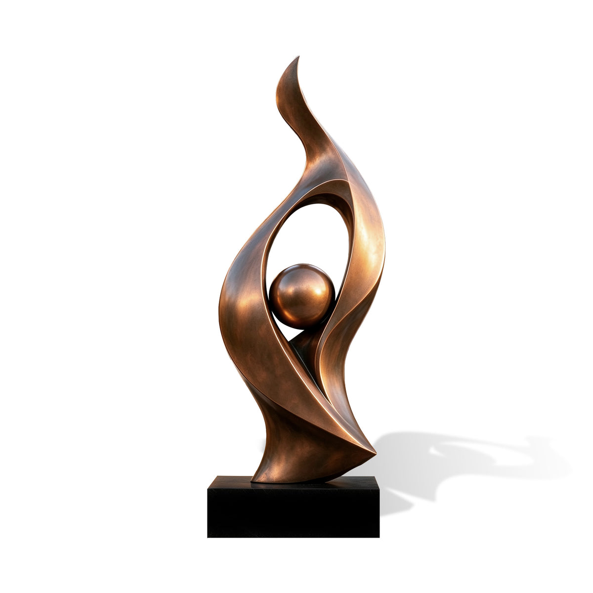 Front product view of an abstract bronze sculpture featuring fluid asymmetrical curves that frame a polished central sphere, finished in a warm antique bronze patina on a rectangular black base.