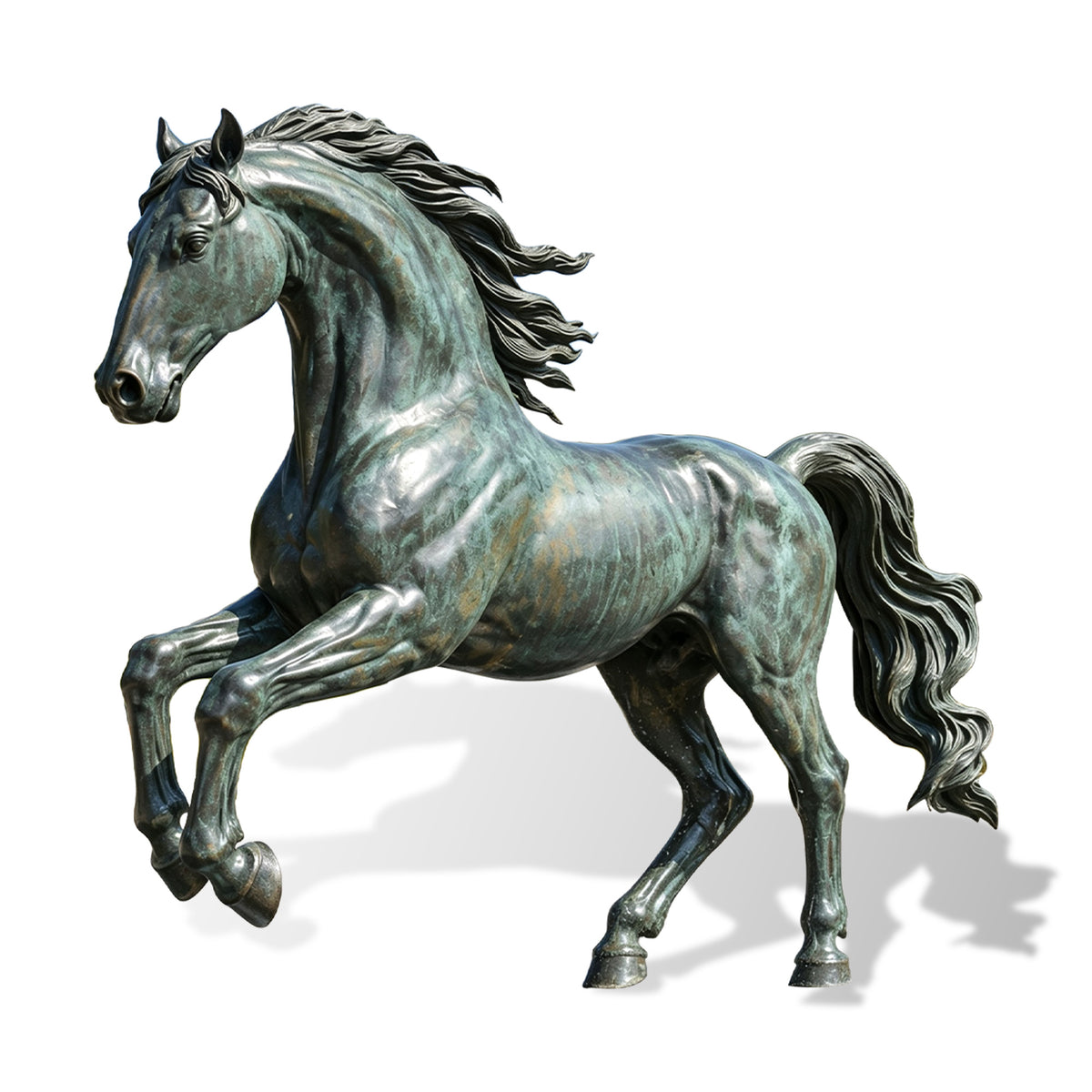 Three-quarter view of a bronze horse statue with both front hooves lifted, a powerful muscular body, flowing mane and curled tail, finished in mottled turquoise-green patina.
