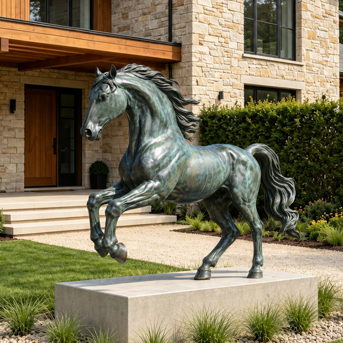 Large bronze horse sculpture with both front legs raised, a muscular arched neck, and wind-swept mane, displayed on a stone pedestal outside a modern luxury villa.