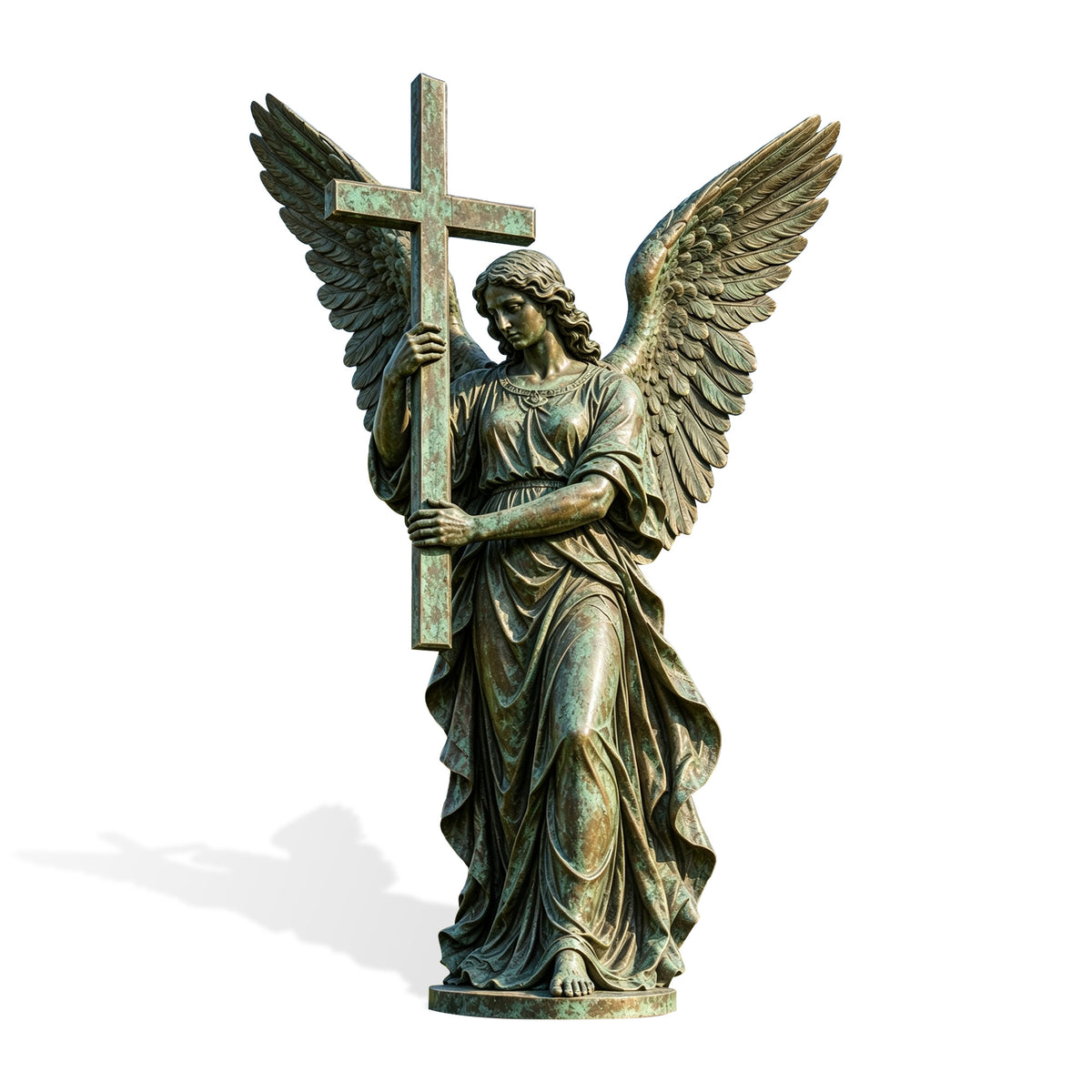 Full-length bronze cemetery angel sculpture holding a tall cross, with outstretched feathered wings, a solemn downward gaze, flowing robes, and an antique green verdigris patina.