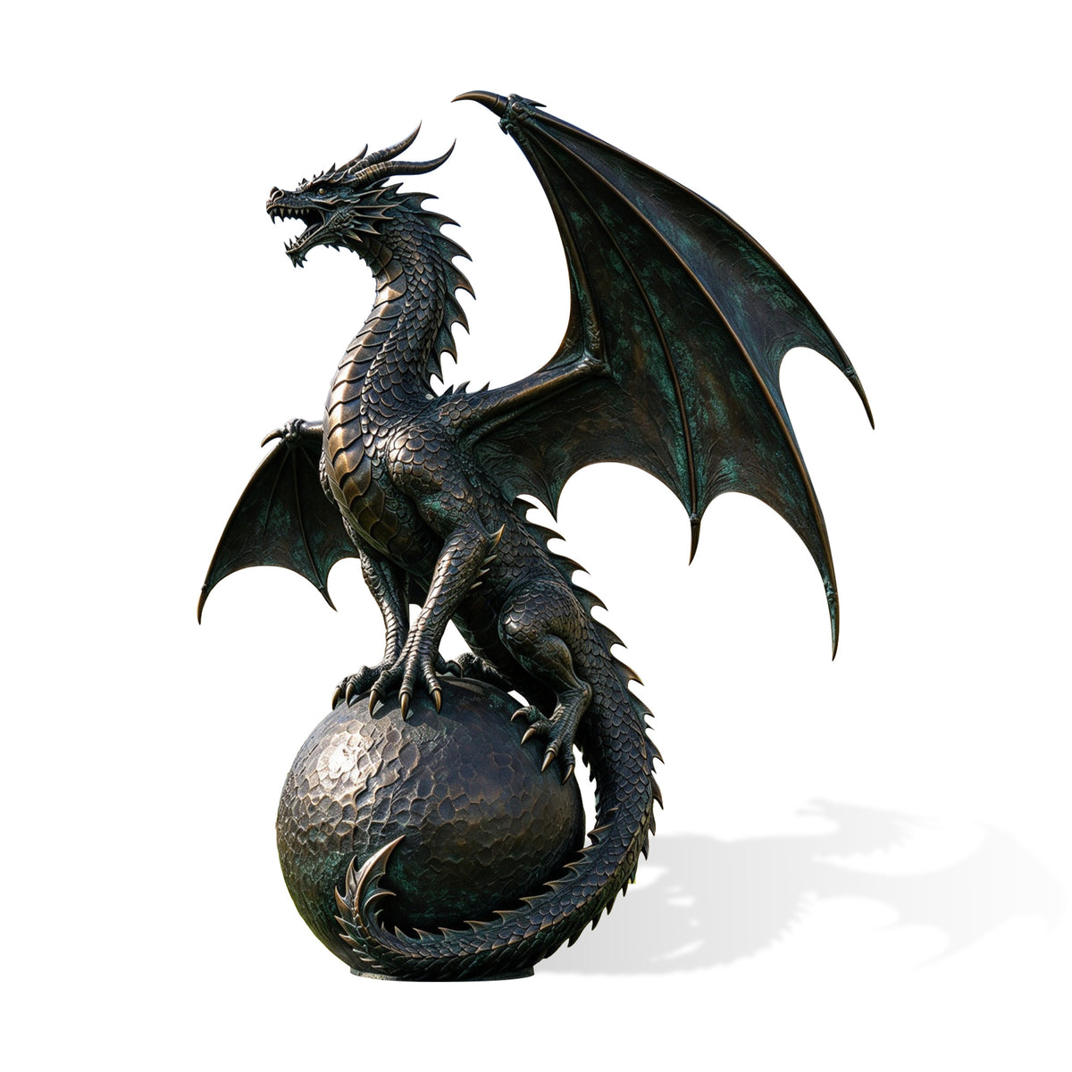 Fantasy bronze dragon sculpture with spread wings, curved horns, detailed scales, sharp claws and a long tail wrapped around a textured sphere