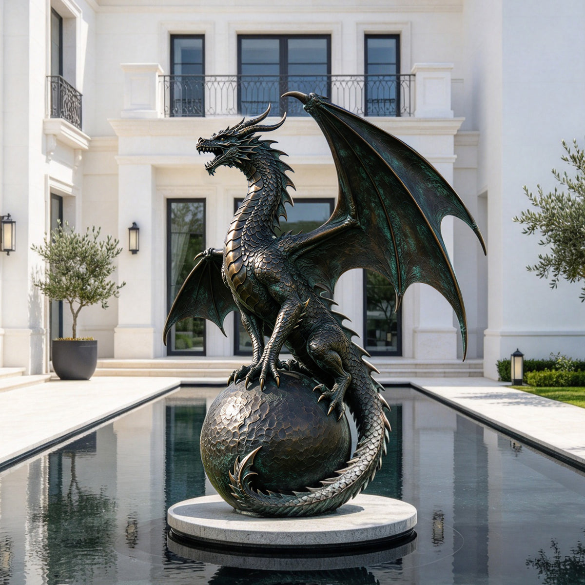 Large winged bronze dragon sculpture displayed on a circular pedestal in a luxury villa reflecting pool