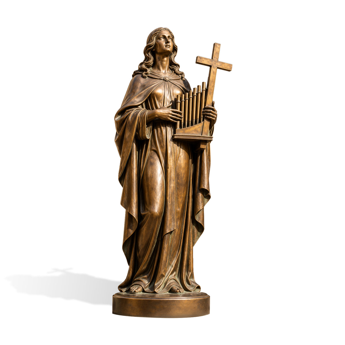 Full-length bronze sculpture of Saint Cecilia holding a small pipe organ and cross, featuring wavy hair, an upward-looking expression, detailed draped robes, and an antique bronze finish.