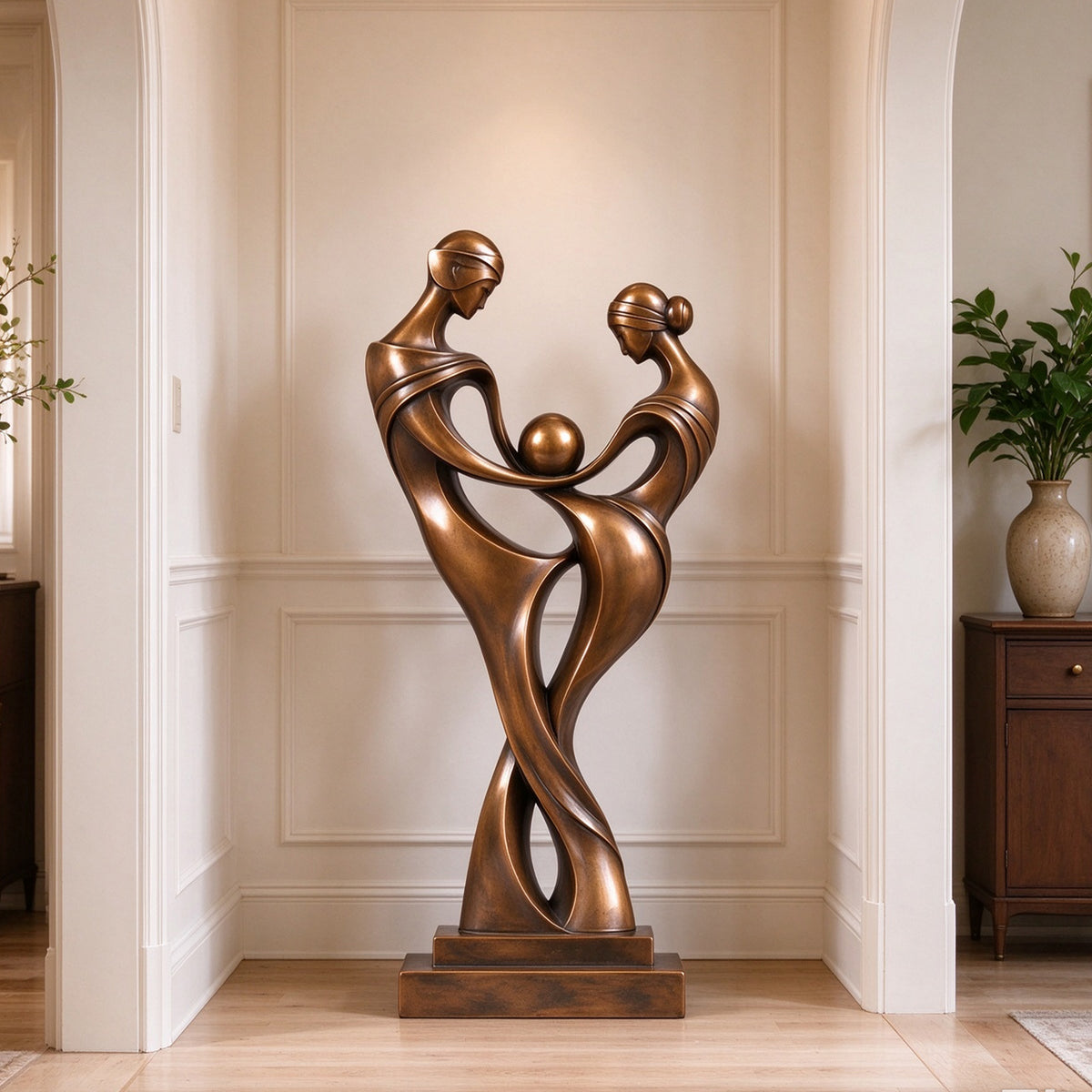 Abstract bronze partnership sculpture of two stylized figures facing each other and jointly holding a sphere, displayed in an elegant luxury home interior