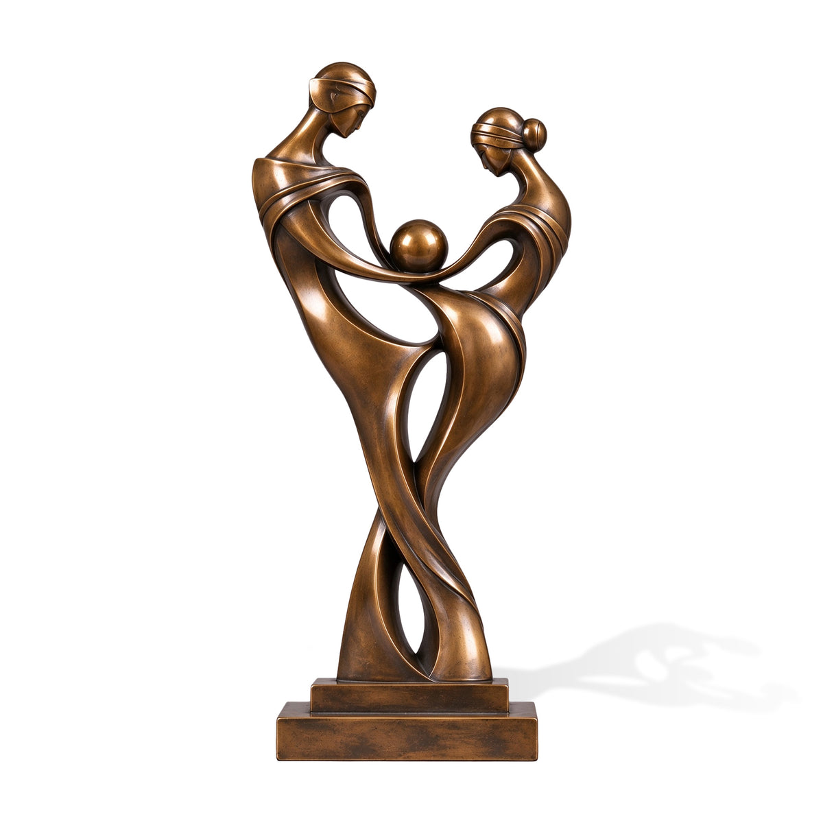 Modern abstract bronze sculpture of two intertwined figures holding a central sphere, symbolizing partnership, trust, unity and shared balance