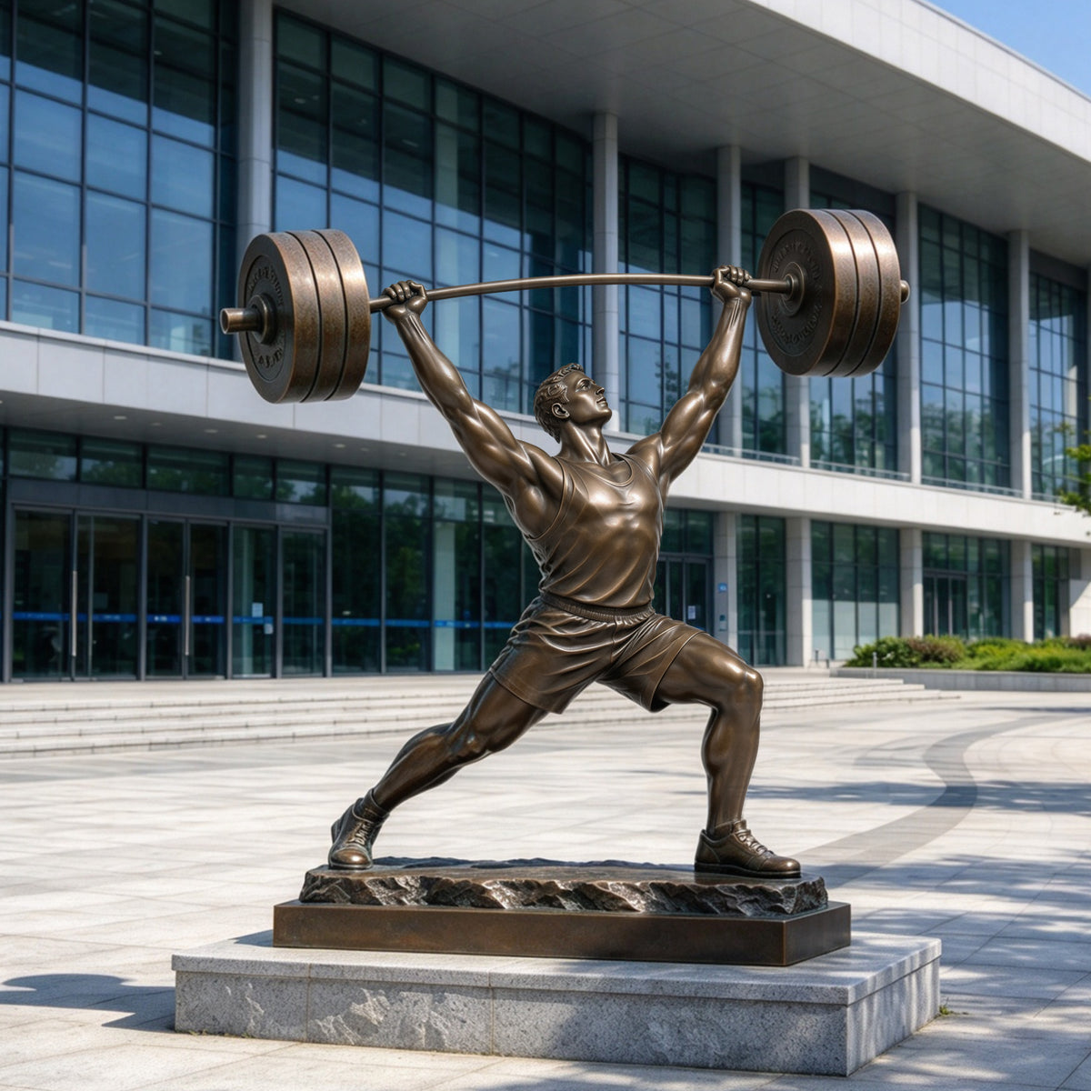 Large bronze weightlifter statue of a muscular male athlete lifting a heavy barbell overhead, displayed outside a modern sports complex.
