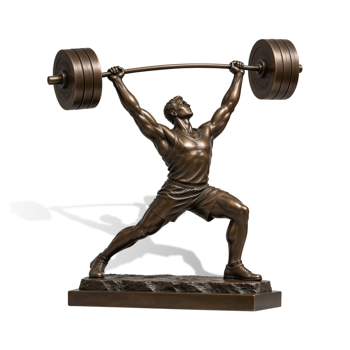 Bronze weightlifting sculpture featuring a muscular male athlete in a wide lunge stance, holding a loaded barbell overhead on a textured rectangular base.