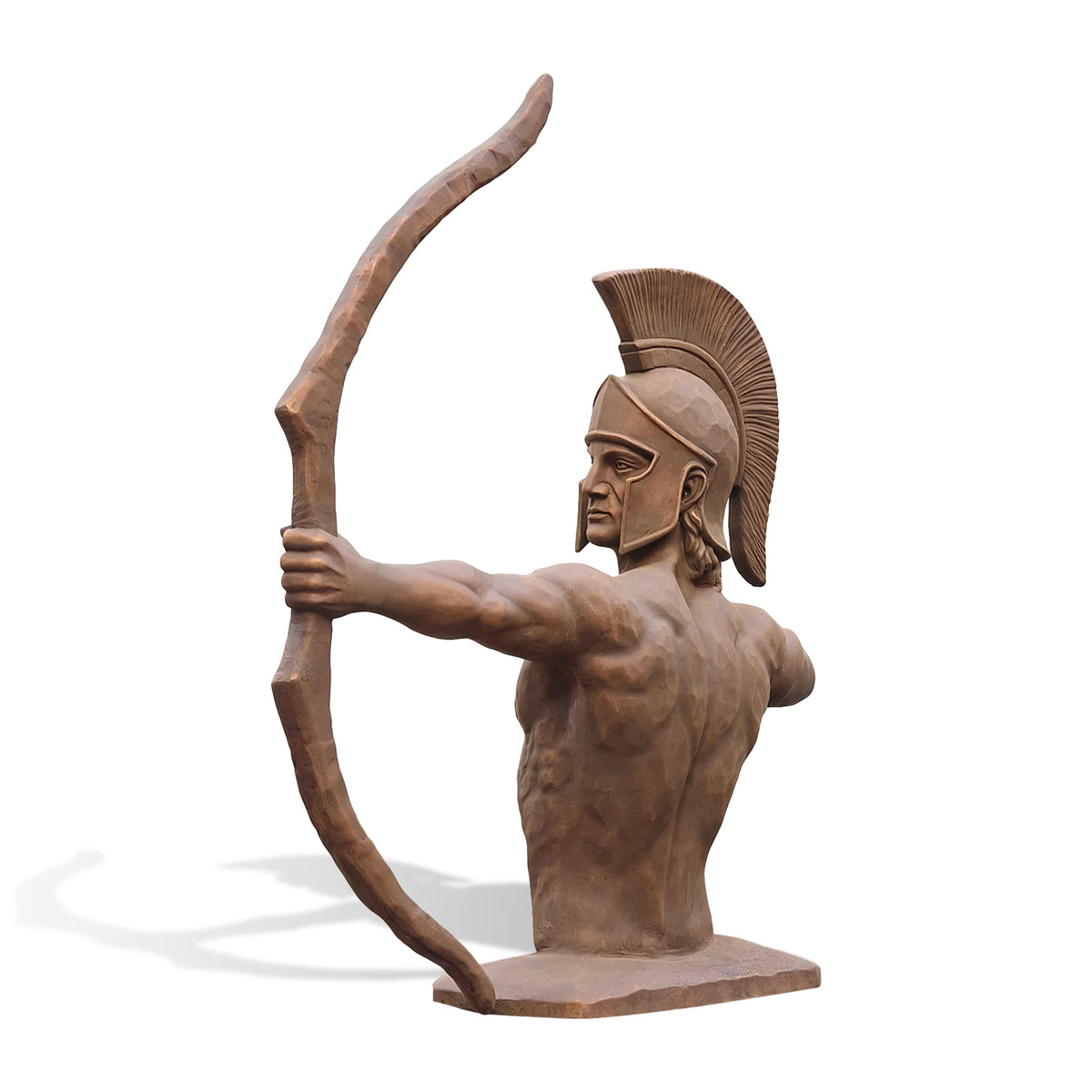 Bronze Greek warrior archer sculpture viewed from behind, showing a muscular back, crested helmet and extended arm holding a curved bow.