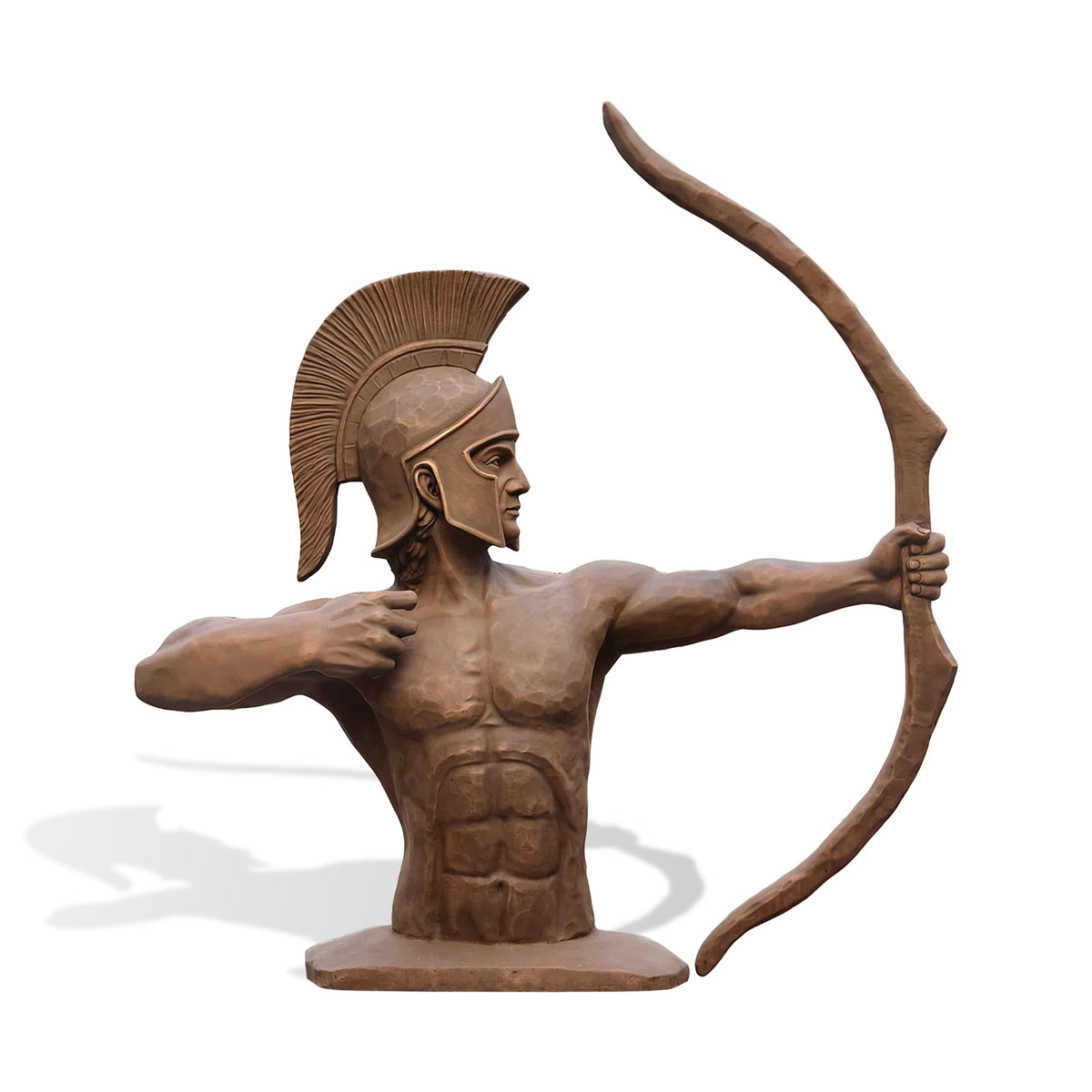 Side profile of a Spartan-style bronze archer sculpture with a crested helmet, defined chest muscles and arms extended in a dramatic bow-drawing pose.