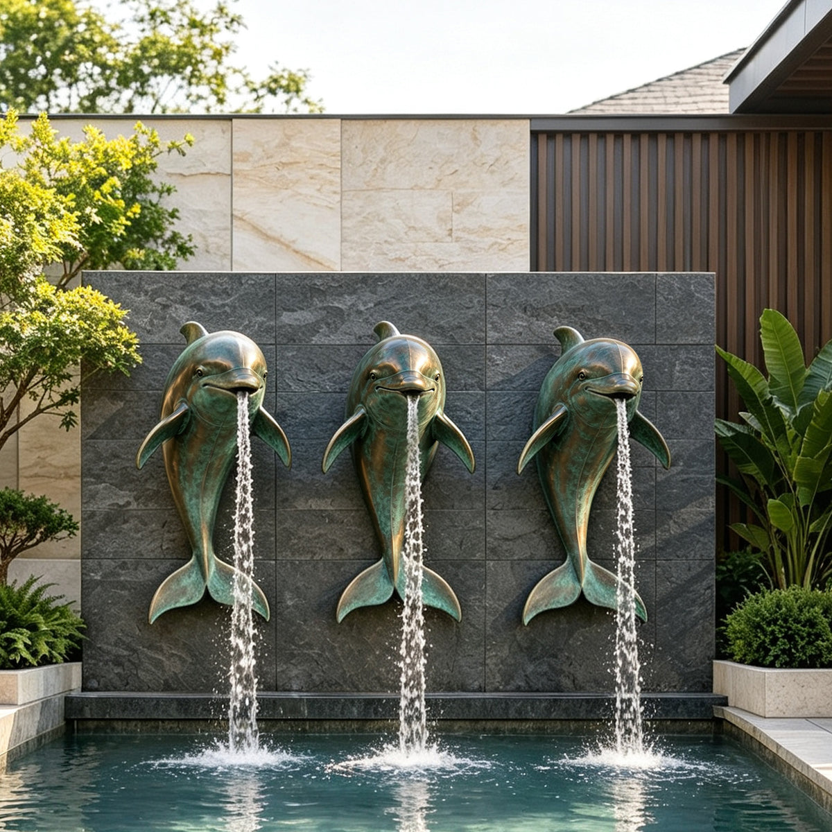 Three wall-mounted bronze dolphin fountain sculptures spouting water from their mouths into a modern courtyard pool against a dark stone feature wall.