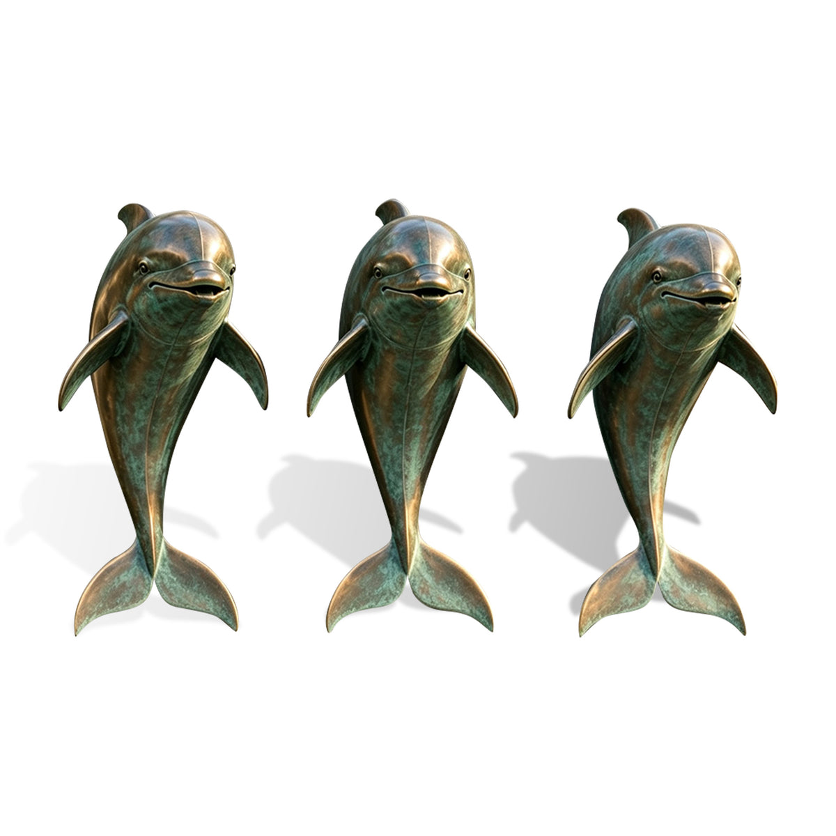 Three bronze dolphin wall fountain sculptures with smiling faces, extended flippers and blue-green verdigris patina, designed as decorative water spouts.