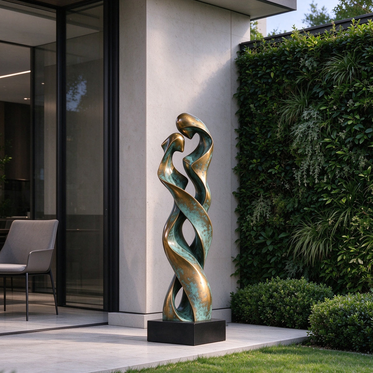 Tall abstract bronze sculpture with intertwined flowing curves and green patina on a black pedestal, displayed in a modern villa courtyard beside a living green wall.