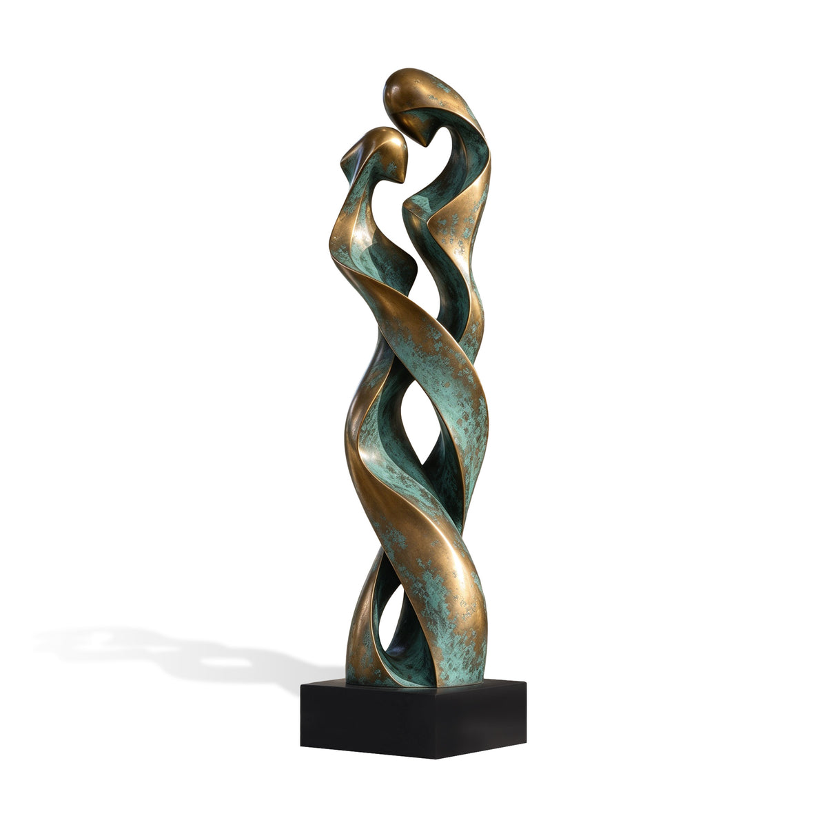 Contemporary abstract bronze sculpture featuring two intertwined ribbon-like forms, heart-shaped upper opening, turquoise verdigris patina and rectangular black base.