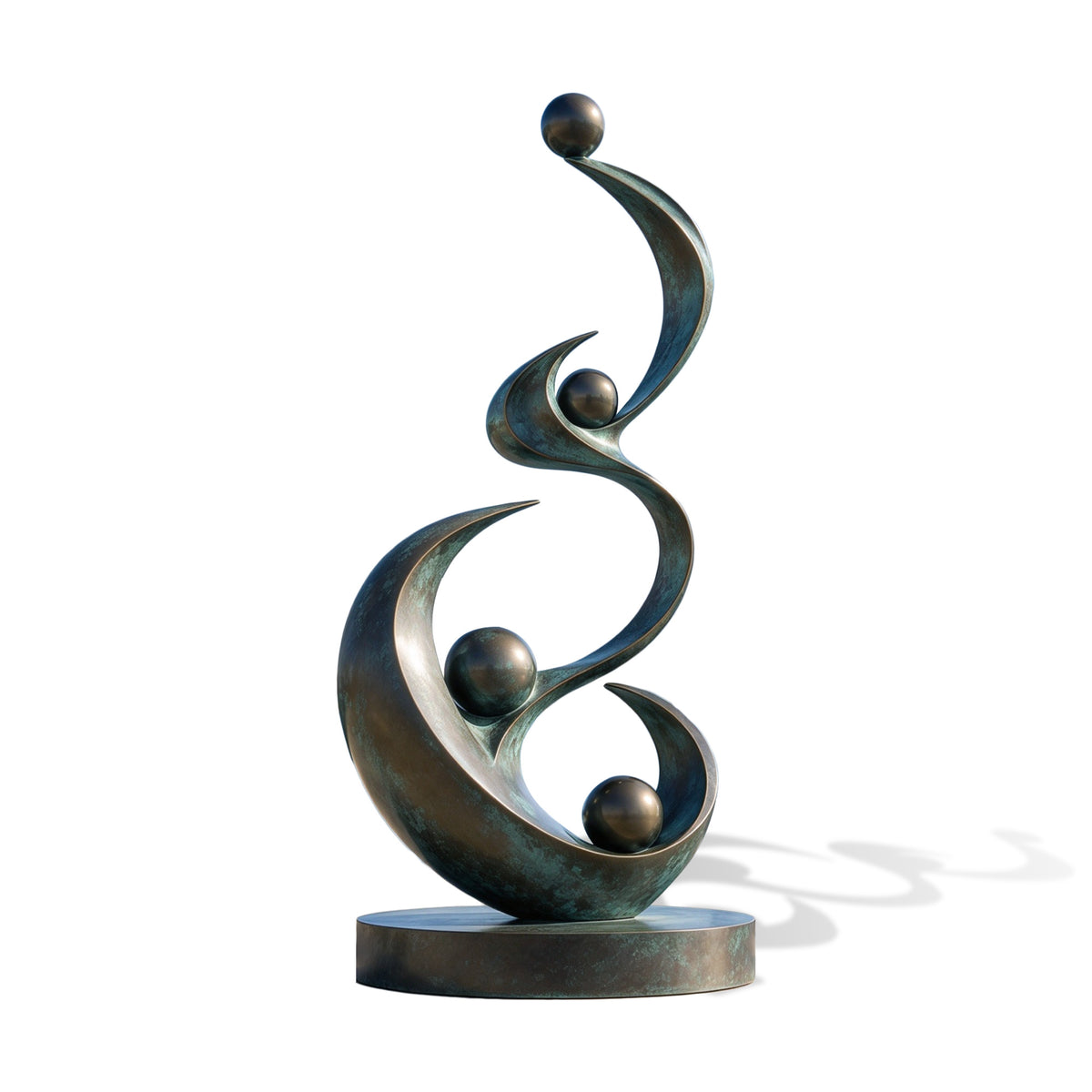 Contemporary bronze abstract sculpture featuring four suspended spheres along sweeping upward curves with green patina and warm bronze highlights.