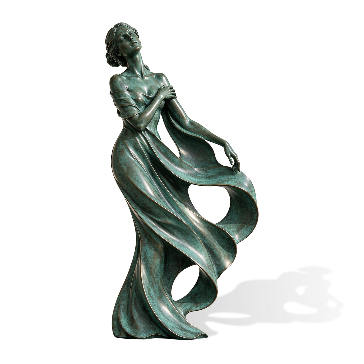 Elegant bronze woman sculpture with closed eyes, a gently tilted head, and a dramatically flowing dress, finished in textured blue-green verdigris patina.