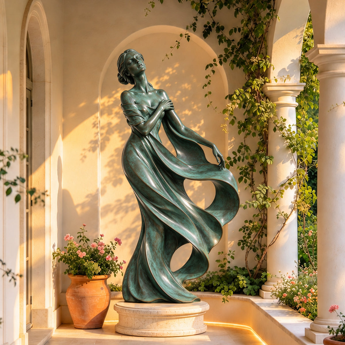Graceful bronze lady statue with a wind-swept gown displayed on a round stone pedestal in a sunlit luxury villa courtyard with classical arches and flowers.
