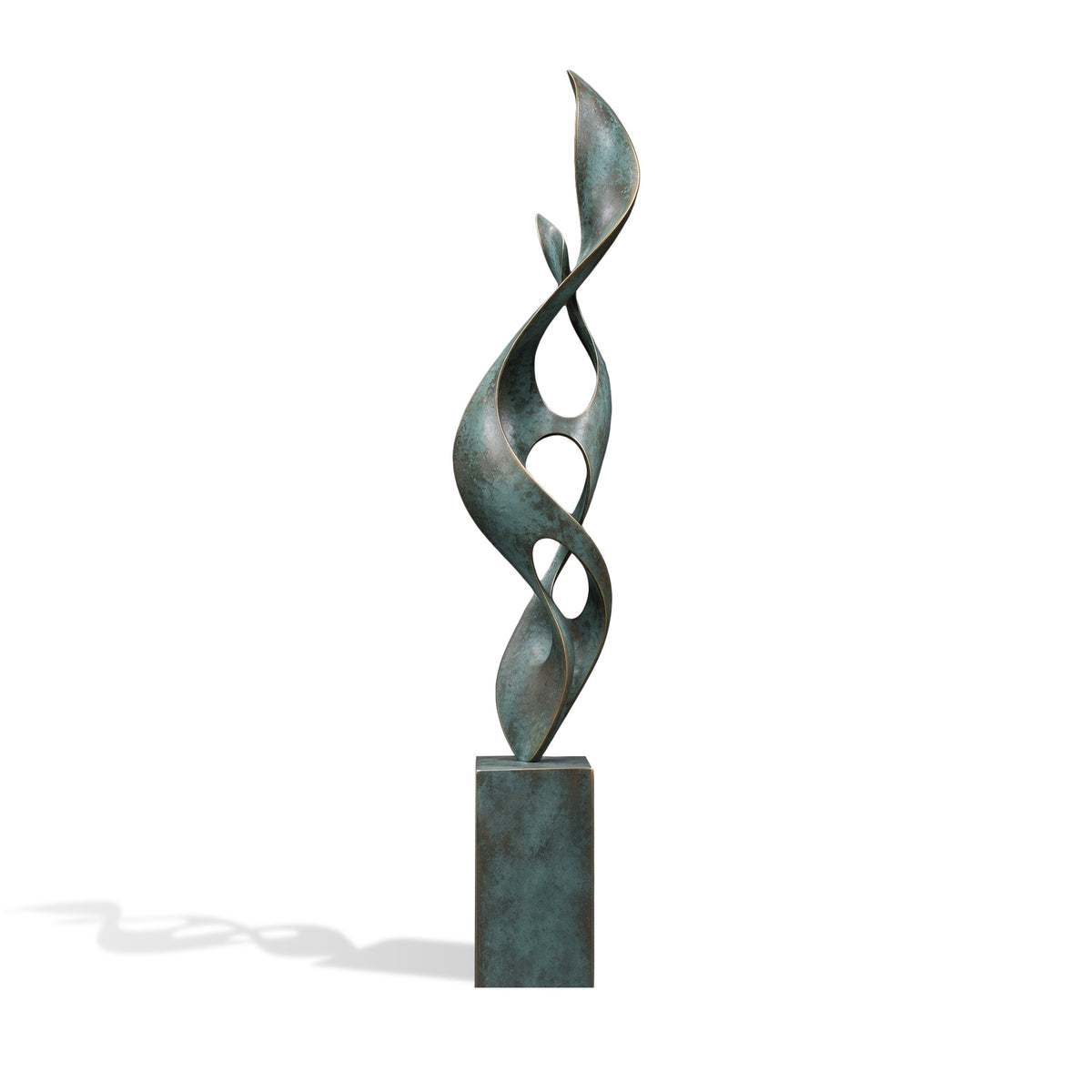 Tall abstract bronze leaf sculpture with intertwining ribbon-like forms, elegant openwork details, blue-green verdigris patina and a rectangular bronze pedestal.