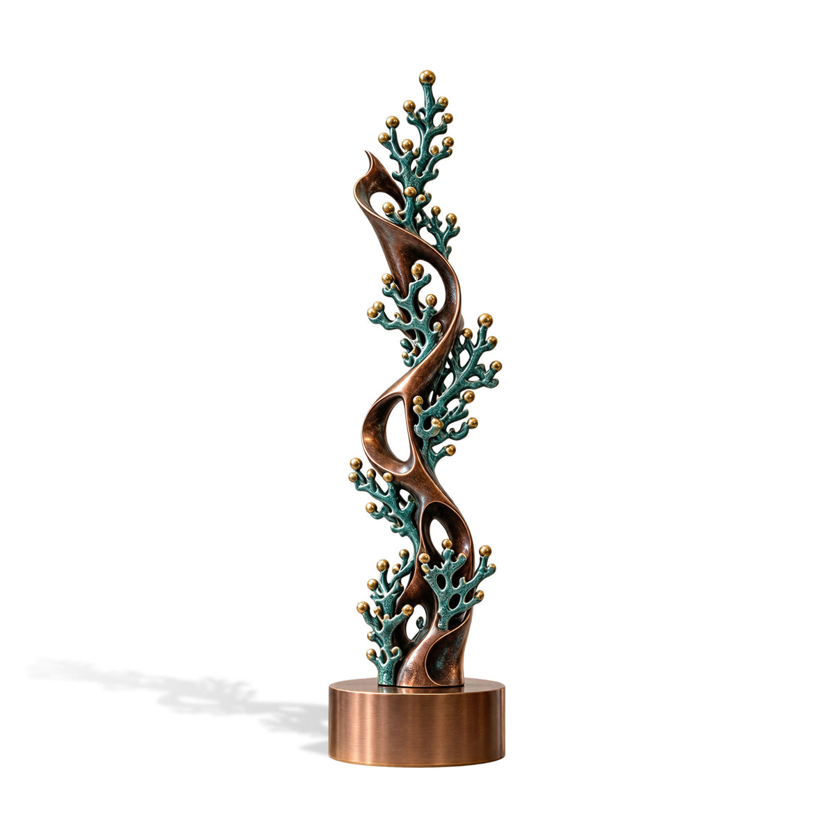 Tall abstract bronze coral sculpture featuring turquoise-green branching corals with golden tips, intertwined with a flowing copper-toned ribbon on a round bronze base.