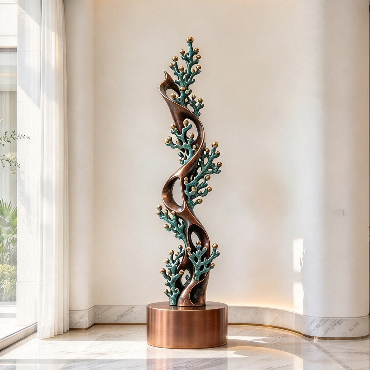 Coral Reverie bronze coral reef sculpture displayed in a luxury villa interior, featuring twisting bronze curves, verdigris coral branches, golden accents, and a cylindrical pedestal.