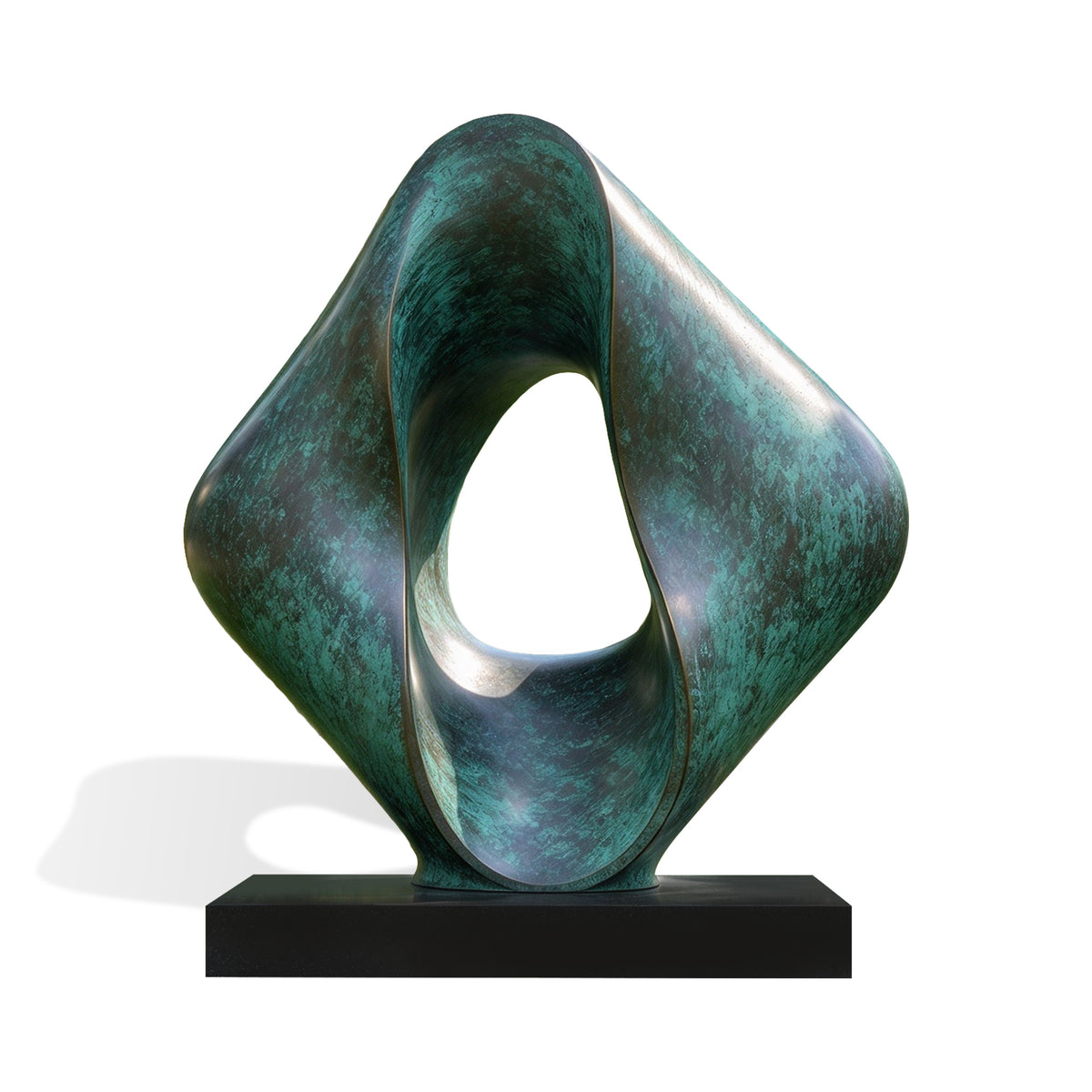 Abstract bronze loop sculpture with a sculptural central opening, smoothly folded curved surfaces, mottled blue-green verdigris patina, and a rectangular black base.