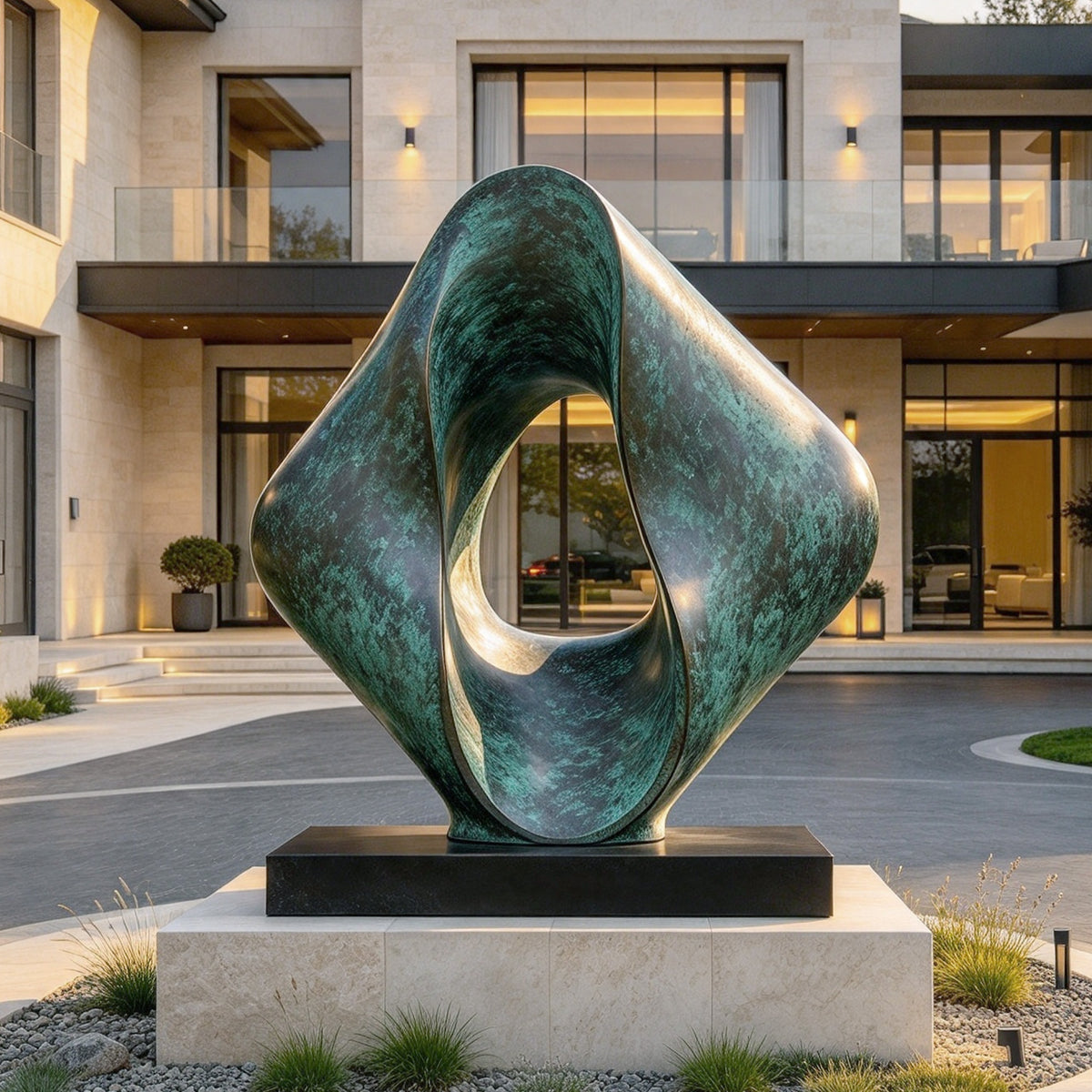 Contemporary bronze openwork sculpture with broad twisting curves and a textured verdigris finish, installed on a raised stone pedestal outside a modern luxury estate entrance.