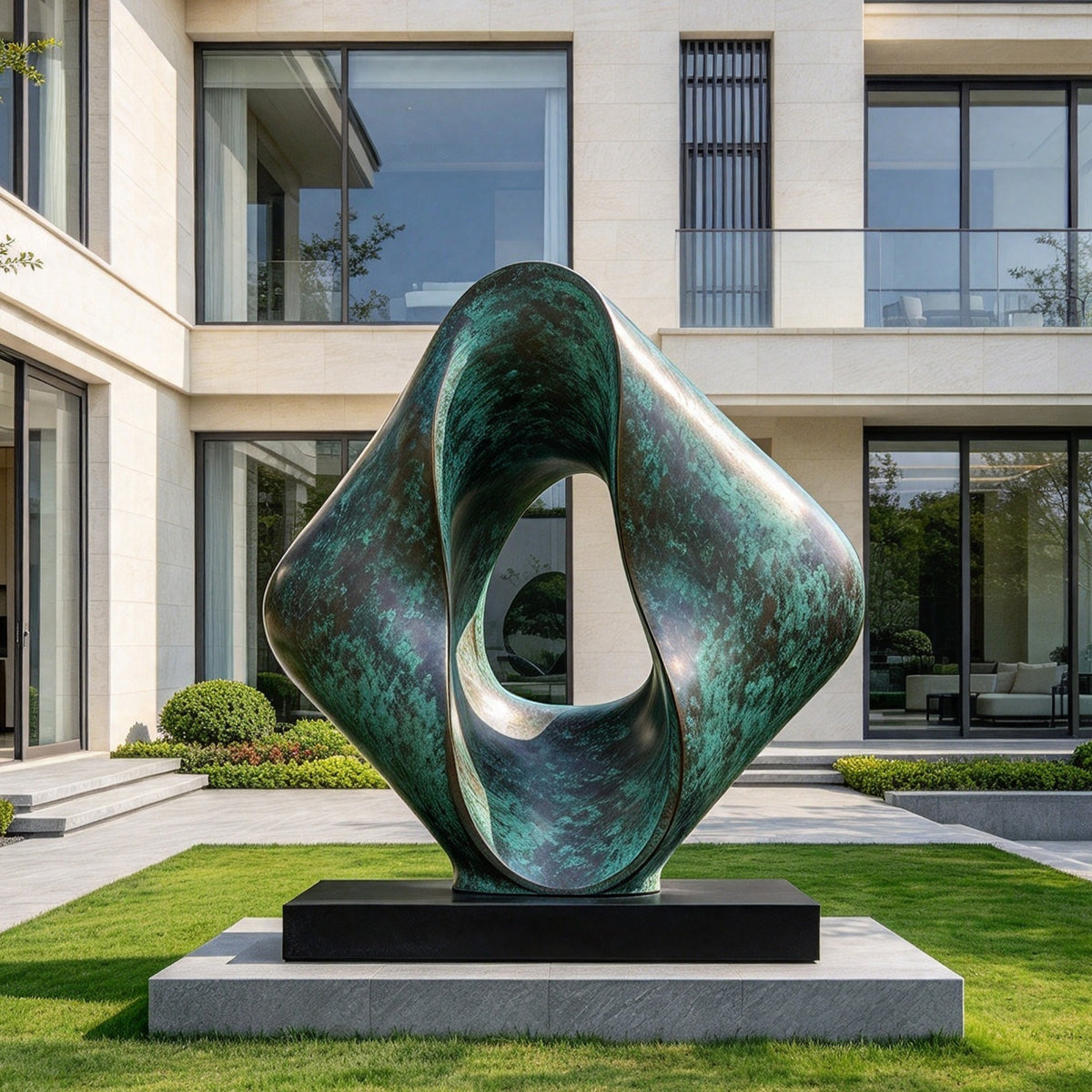 Large modern abstract bronze sculpture with a flowing hollow center and turquoise-green patina, displayed on a stone plinth in the landscaped lawn of a luxury villa.