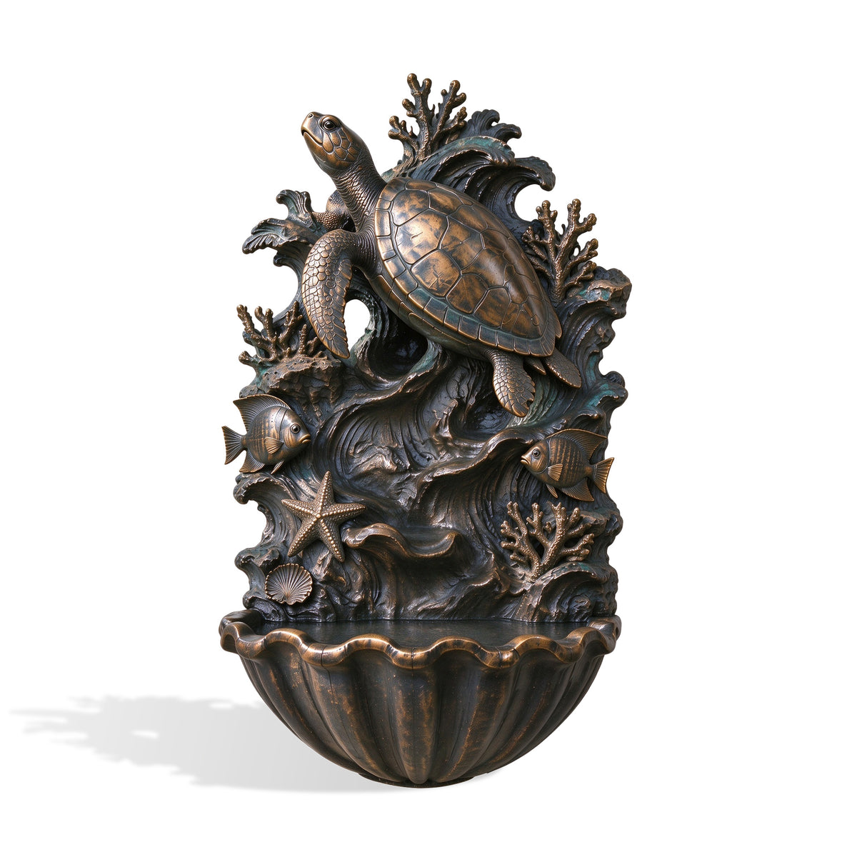 Bronze sea turtle wall fountain featuring a swimming turtle above sculpted ocean waves, with tropical fish, branching coral, a starfish, and a shell-shaped basin.