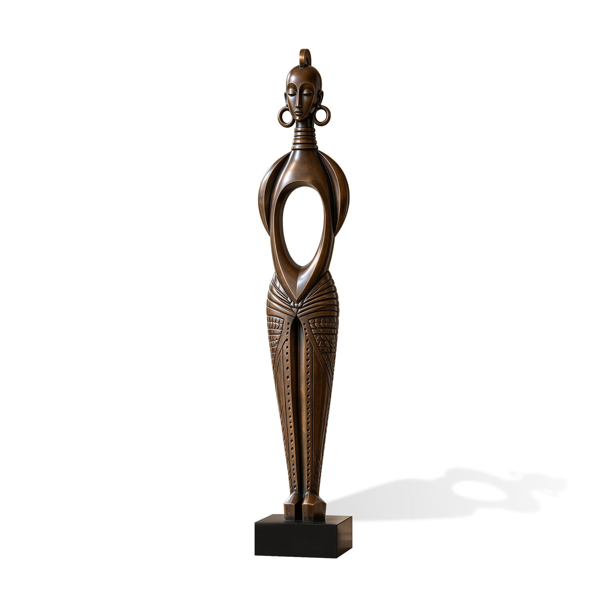 Tall African-inspired bronze woman sculpture with an elongated face, closed eyes, large circular earrings, stacked neck rings, an oval openwork torso, and geometric patterns.