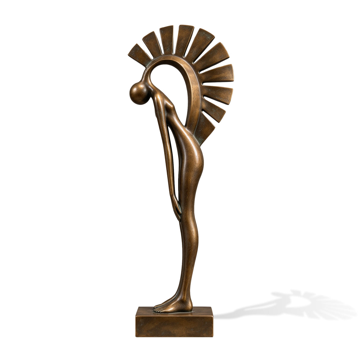 Side view of a modern bronze figurative sculpture featuring a slender forward-bending human figure beneath an arched sunburst of geometric rays, with an antique bronze finish and rectangular base.