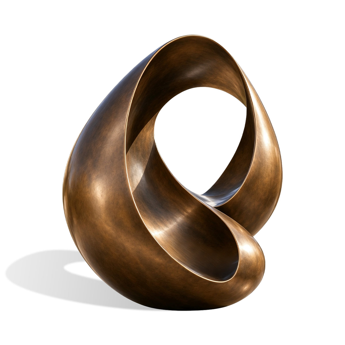 Contemporary abstract bronze sculpture featuring a broad twisted ribbon, an asymmetrical central opening, inward-folding curves, and a warm antique bronze patina.