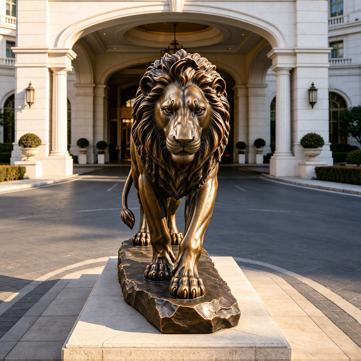 Bronze lion statue with a detailed mane and rugged rock base displayed at a luxury estate entrance