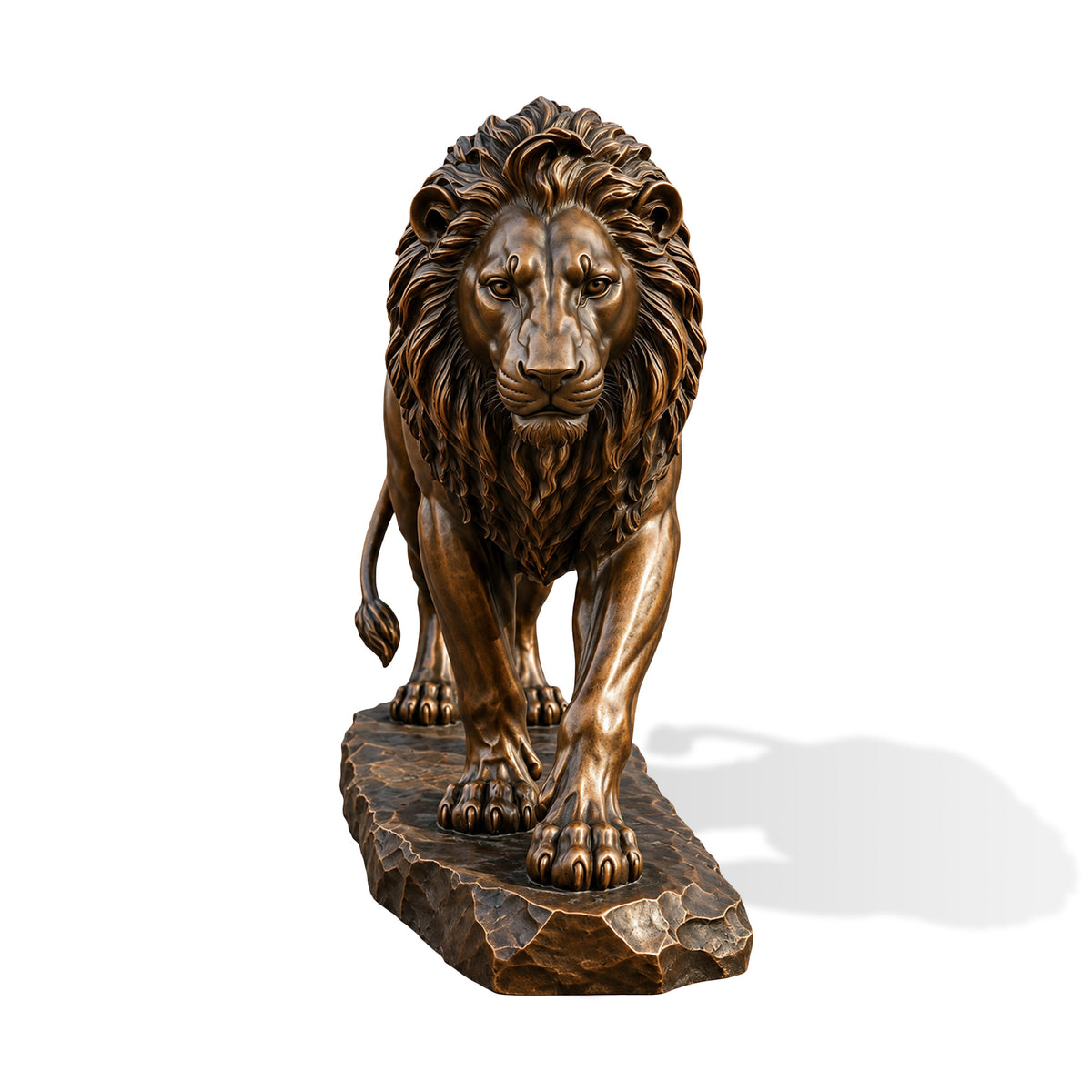 Realistic bronze lion sculpture in a walking pose with a flowing mane and textured rock base