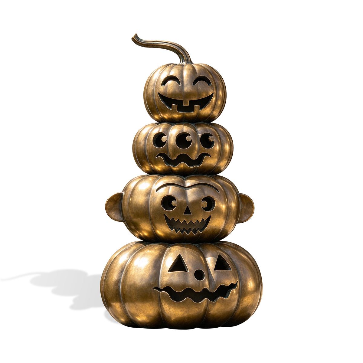 Bronze stacked pumpkin statue featuring four carved jack-o-lantern faces and a curved stem on a white background