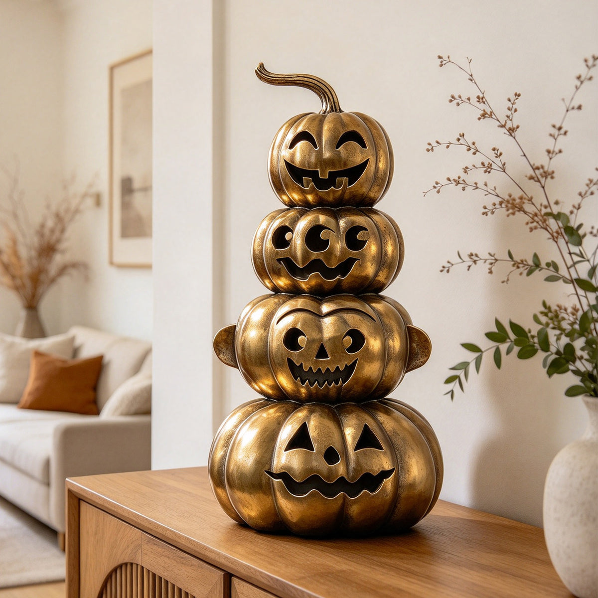 Stacked bronze pumpkin sculpture with playful jack-o-lantern faces displayed on a wooden console table in a modern living room