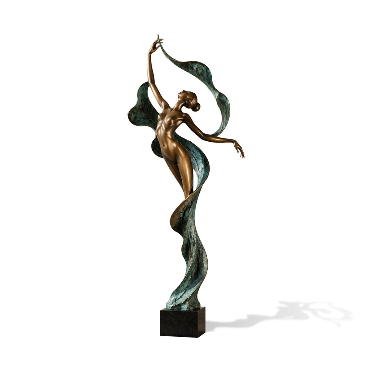 Ribbon Muse bronze female figure sculpture with flowing teal patina ribbons and an elegant contemporary design on a white background