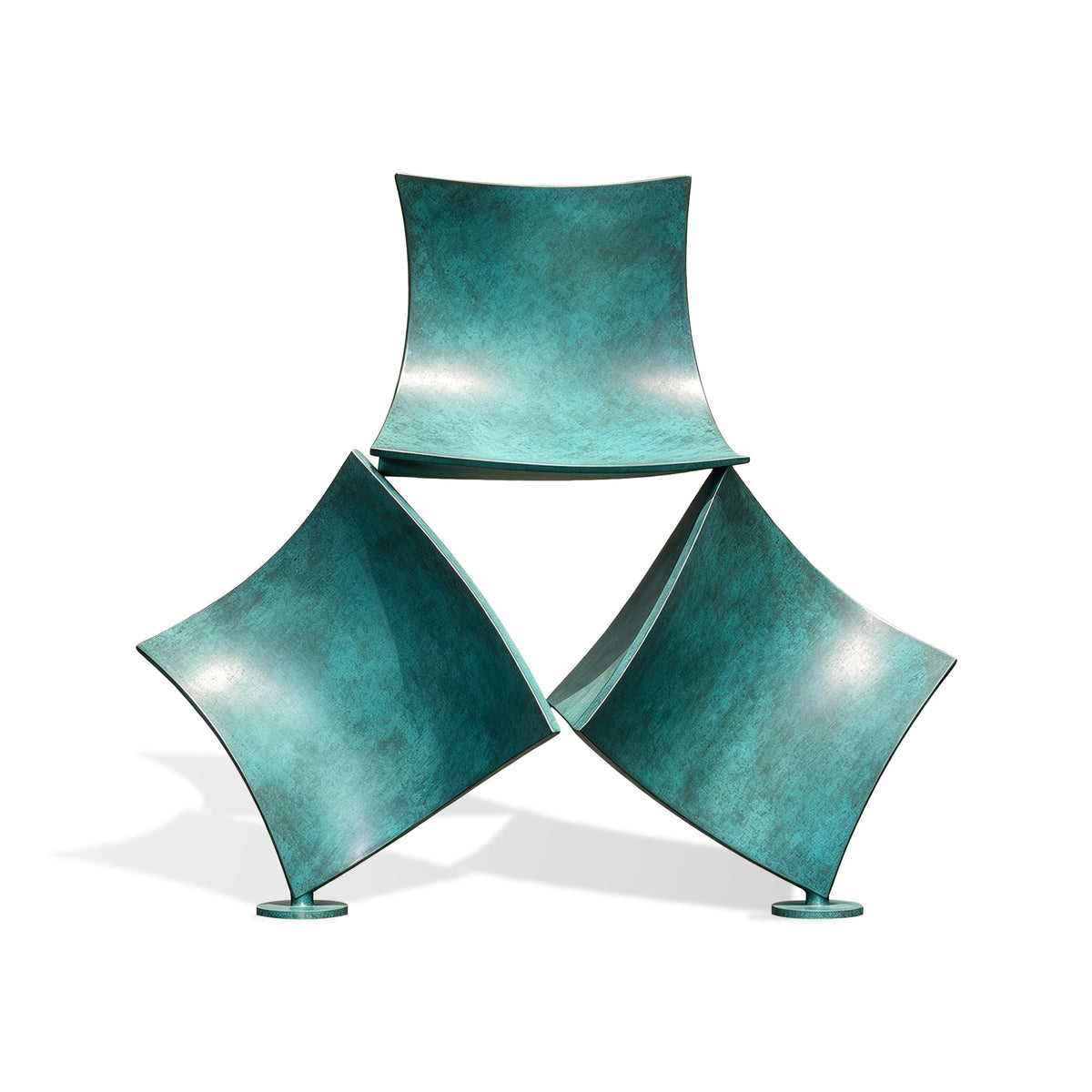 Contemporary abstract bronze sculpture with a turquoise patina, featuring three curved geometric metal forms arranged around an open triangular center.