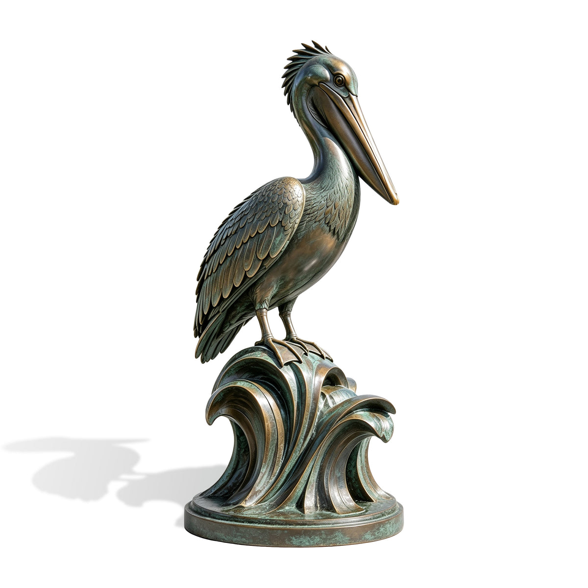 Bronze pelican sculpture with a long curved beak, detailed feathers, and a sculpted wave base shown against a white background.