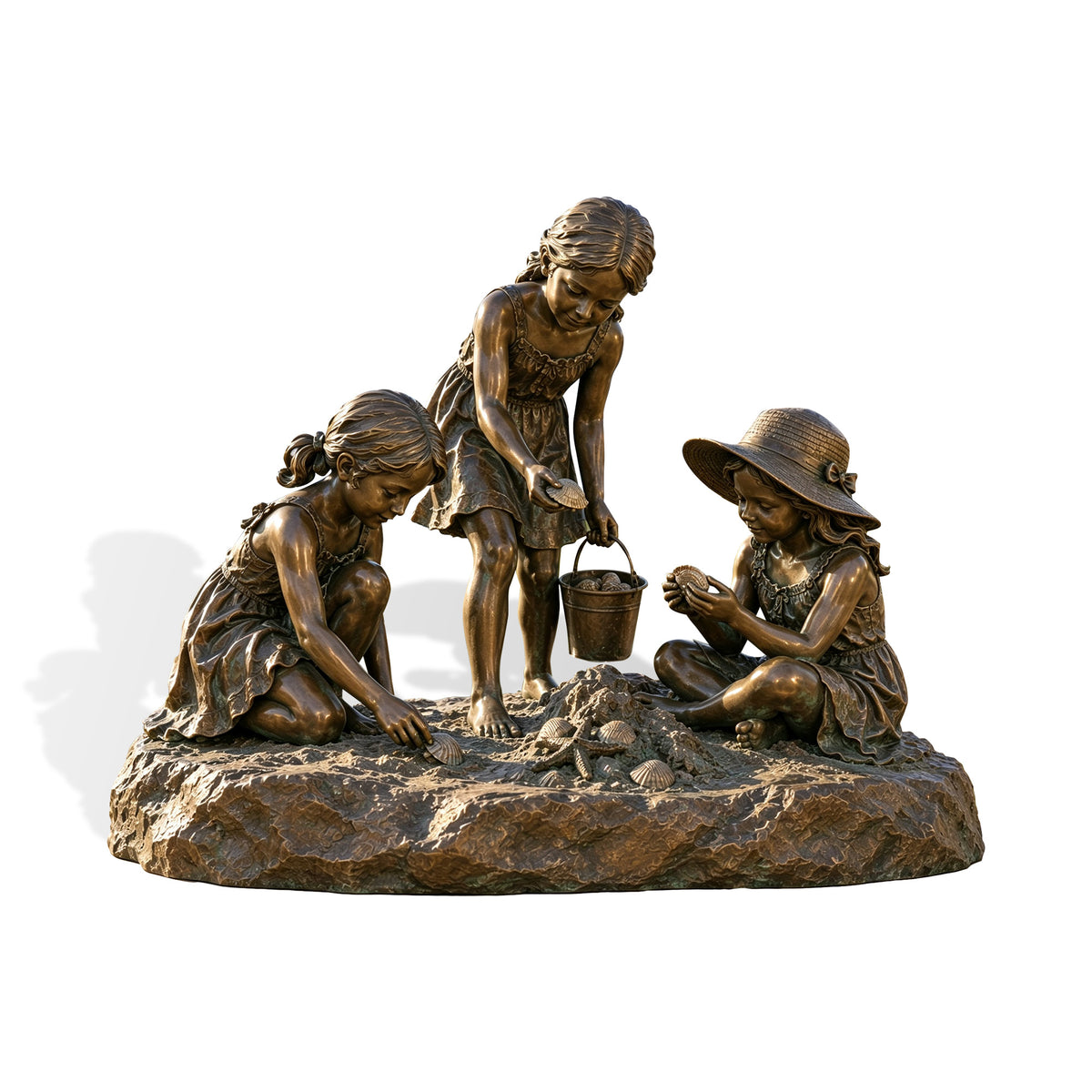 Bronze children sculpture featuring three girls collecting seashells, with detailed dresses, a woven sun hat, a small bucket, and a textured shoreline base.