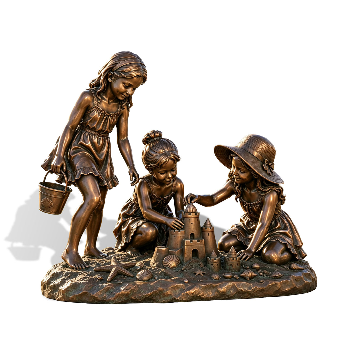 Bronze-finished decorative sculpture of three children playing at the beach, featuring a standing girl holding a bucket, a kneeling girl building a sandcastle, and a seated girl in a sun hat with shells and seashells on a rocky base.