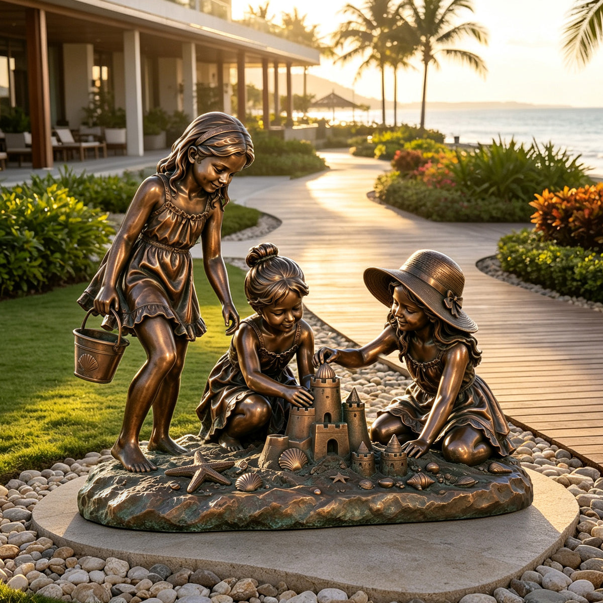 Bronze-finished sculpture of three children playing at the beach, displayed on a resort walkway with tropical landscaping and ocean views in the background.
