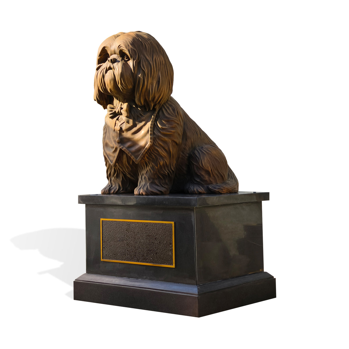 A bronze-finished statue of a Shih Tzu dog wearing a collar, mounted on a black granite-style pedestal with a gold-bordered plaque, shown on a white background.